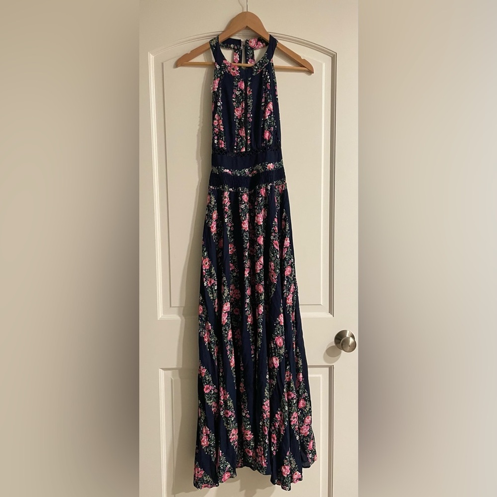 Jaase Navy and Pink Floral Maxi Boho Coquette Girl Dress Size Small